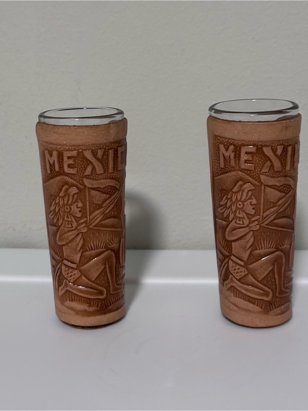 Mexican Leather Wrapped Shot Glasses Embossed Leather Beautiful Cups set of 2
